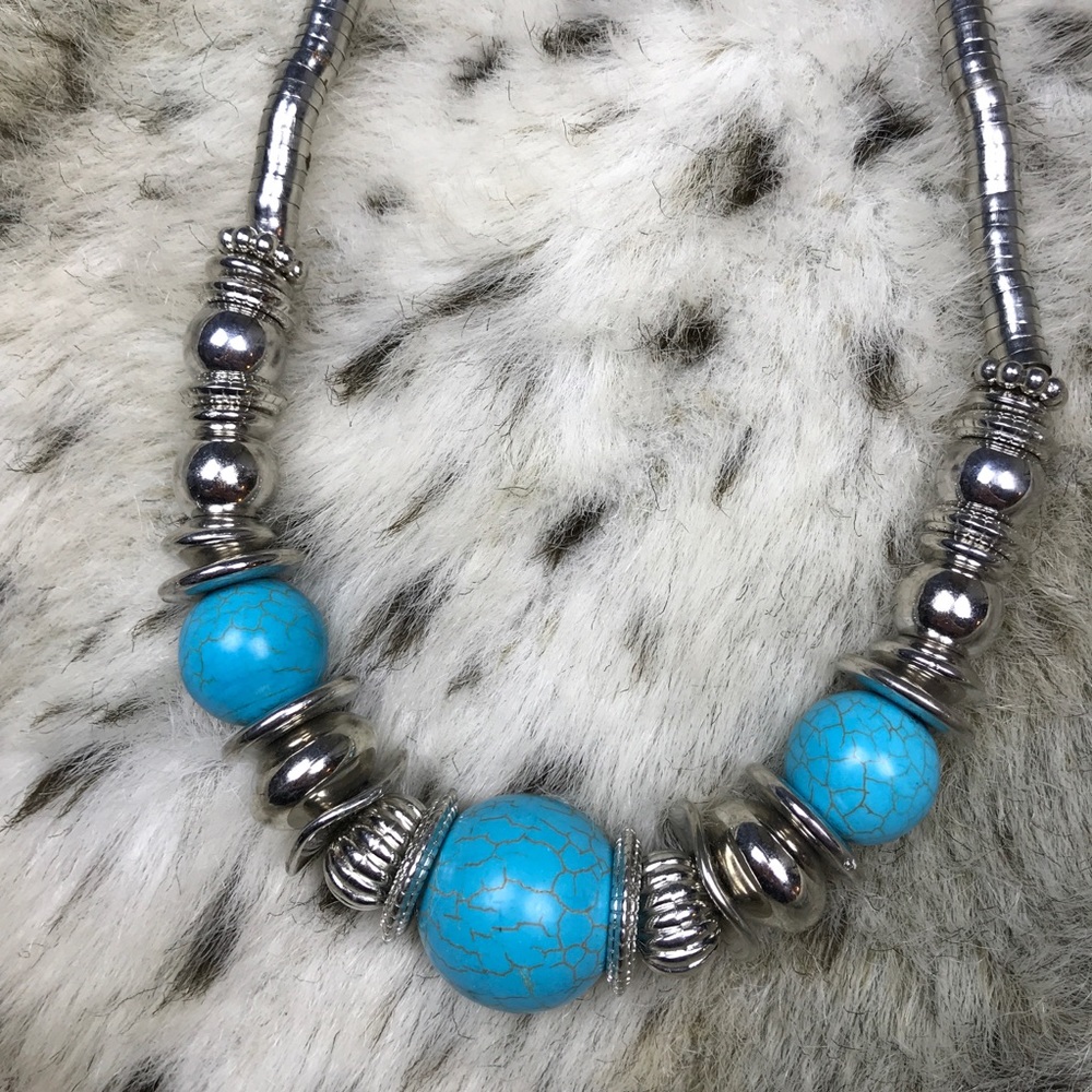 Silver Turquoise Ball Statement Statement Necklace - image 3